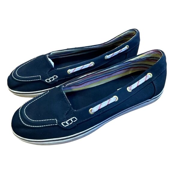 Sperry Topsiders Canvas Boat Shoes Flat Loafers Navy Blue Slip-On 9 - Picture 3 of 9
